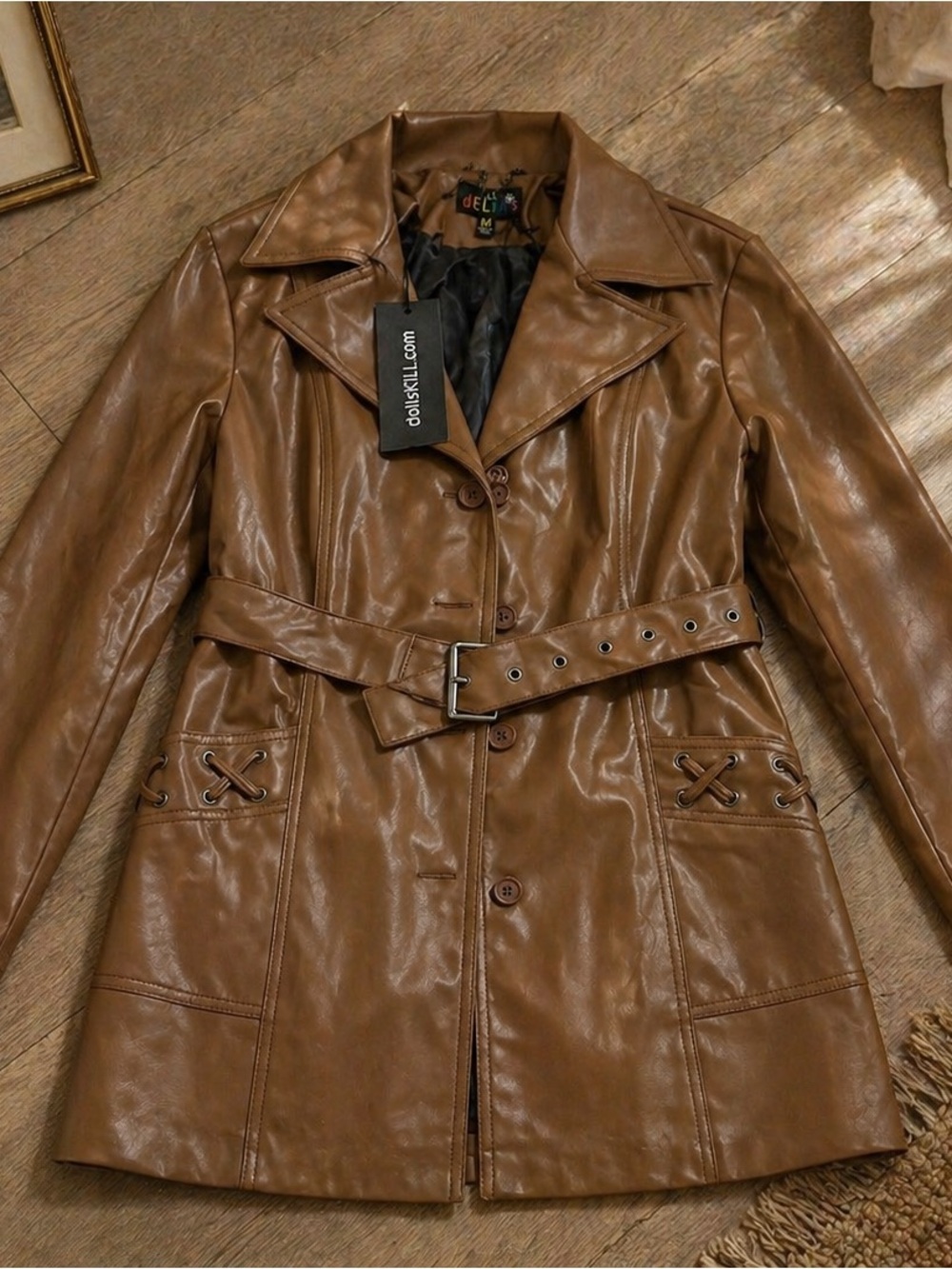 dELiA*s Women's Brown Faux Leather Belted Trench Coat